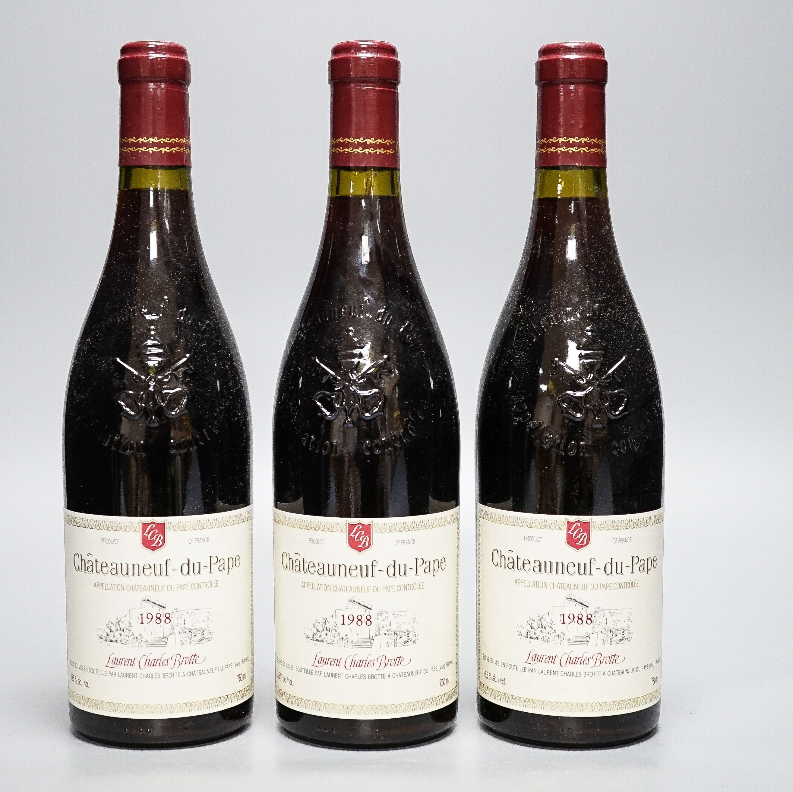 Five bottles of Laurent Charles Brotte Chateauneuf du Pape, 1988, 75cl.